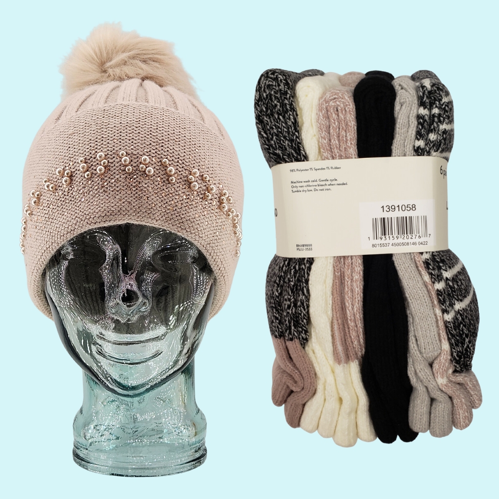 Bundle Adrienne Landeau Hat Beanie Wool Blend Blush & Lucky Brand Socks 6 Pairs